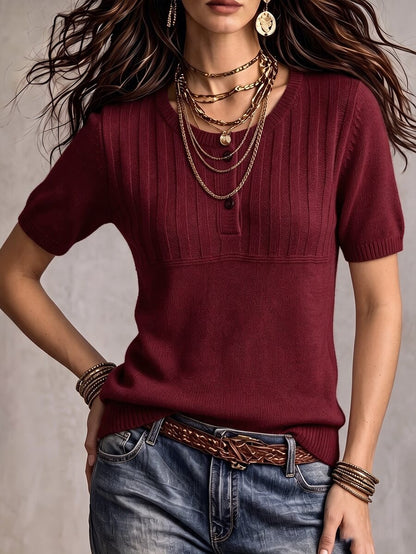 Marielle Textured Knit Half-Button Short Sleeve Sweater Top - Burgundy