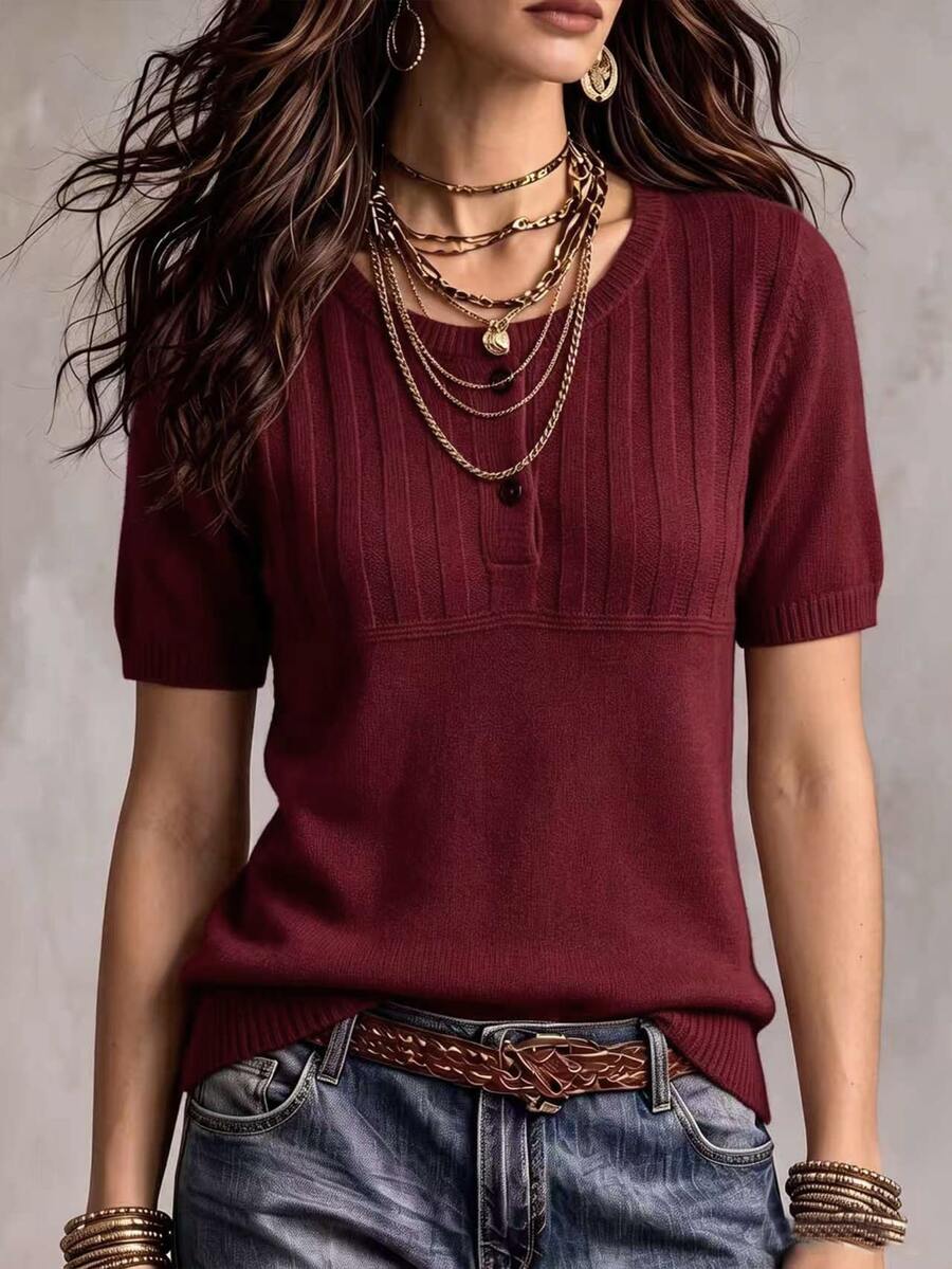 Marielle Textured Knit Half-Button Short Sleeve Sweater Top - Burgundy