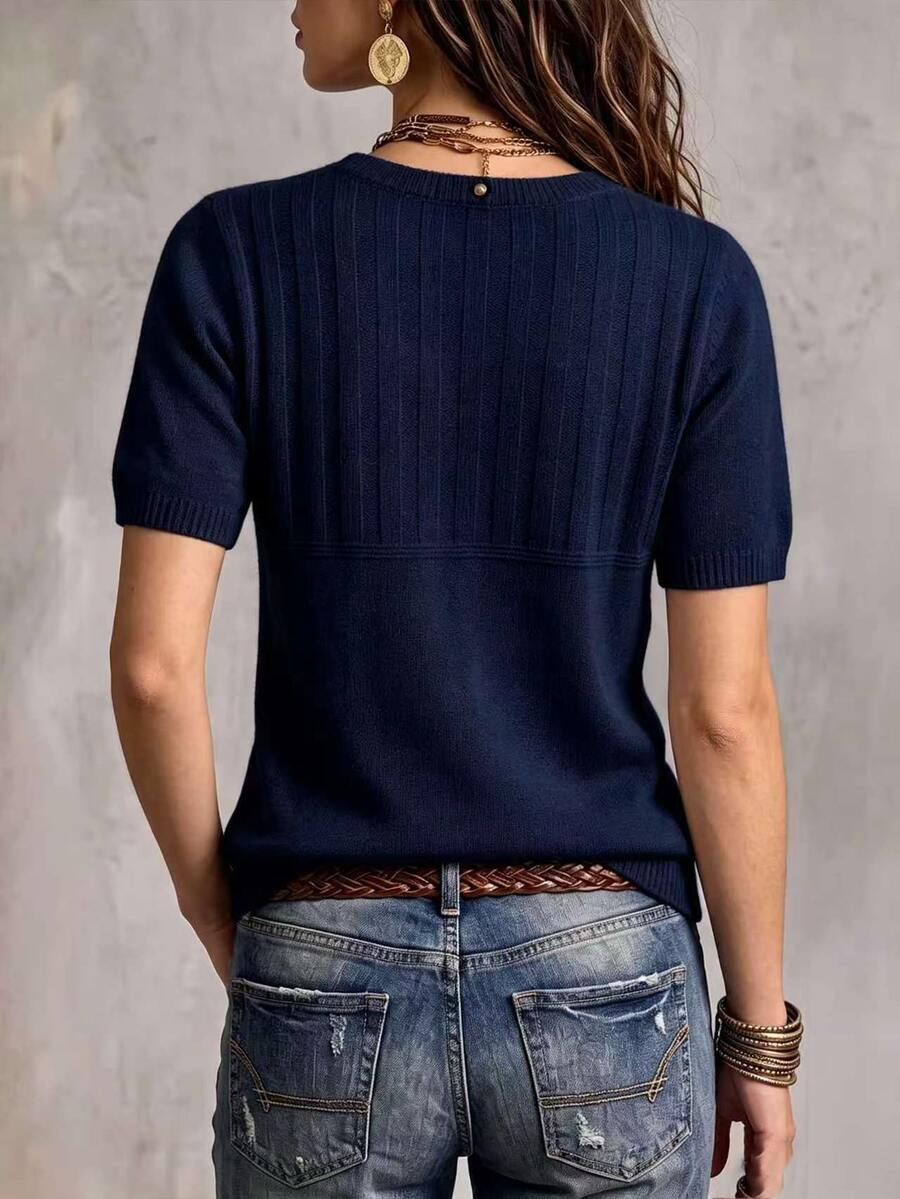 Marielle Textured Knit Half-Button Short Sleeve Sweater Top - Navy Blue