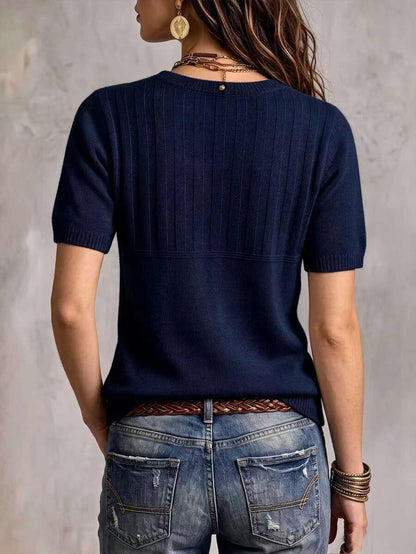 Marielle Textured Knit Half-Button Short Sleeve Sweater Top - Navy Blue