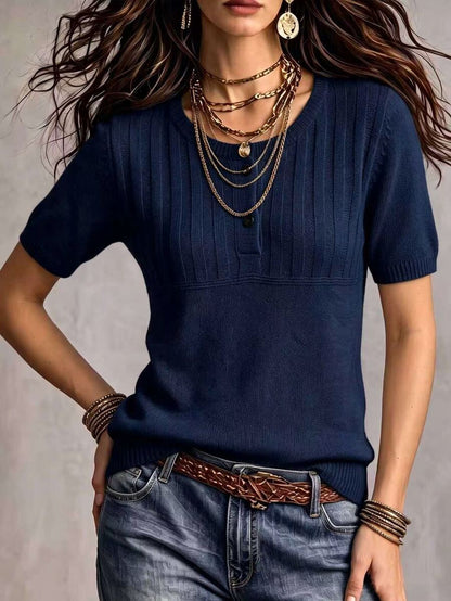 Marielle Textured Knit Half-Button Short Sleeve Sweater Top - Navy Blue
