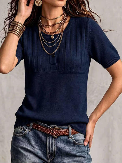 Marielle Textured Knit Half-Button Short Sleeve Sweater Top - Navy Blue