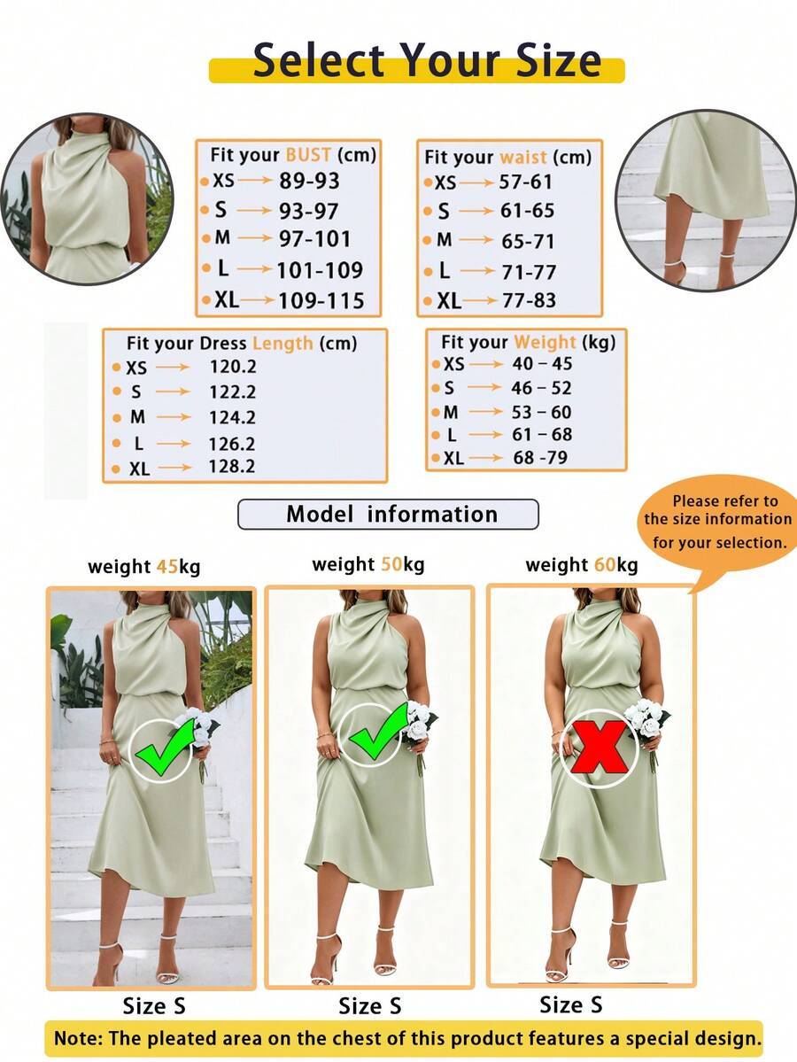 Women's Satin Cowl Neck Halter Midi Dress, Lined Silky Dress for Wedding Guest and Evening - Black
