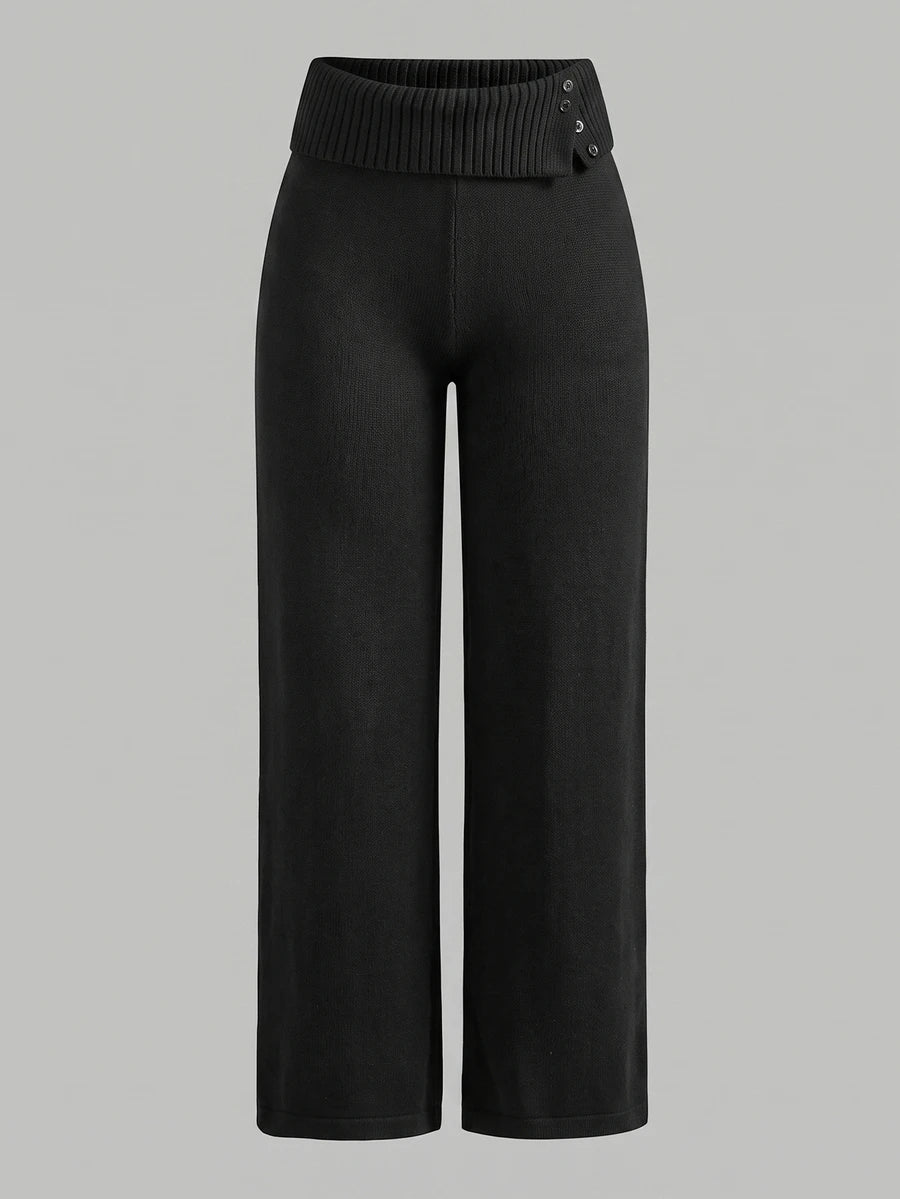 Rosalba Ribbed Knit Fold-Over Waist Flare Pants - Black