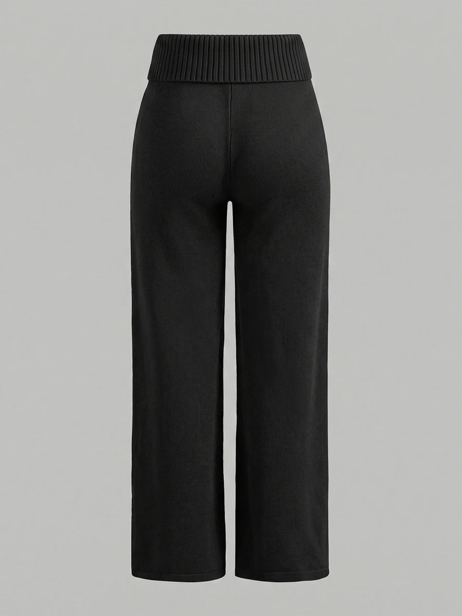 Rosalba Ribbed Knit Fold-Over Waist Flare Pants - Dark Grey