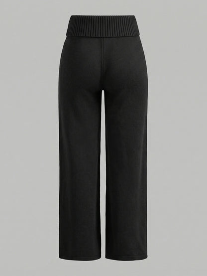 Rosalba Ribbed Knit Fold-Over Waist Flare Pants - Dark Grey