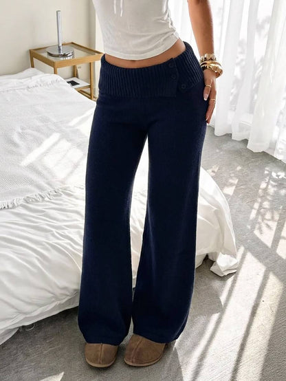 Rosalba Ribbed Knit Fold-Over Waist Flare Pants - Baby Pink