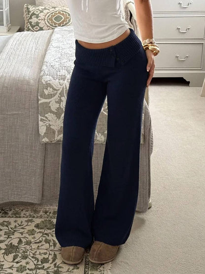 Rosalba Ribbed Knit Fold-Over Waist Flare Pants - Blue