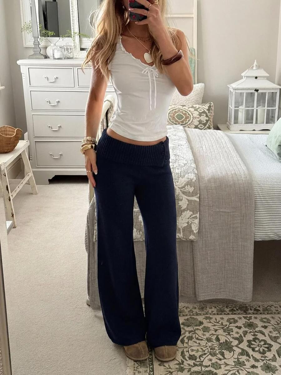 Rosalba Ribbed Knit Fold-Over Waist Flare Pants - Black