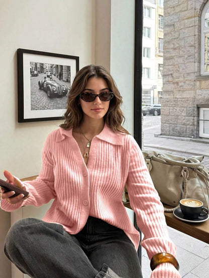Bavaria Ribbed Knit Collared Button Front Cardigan - Pink