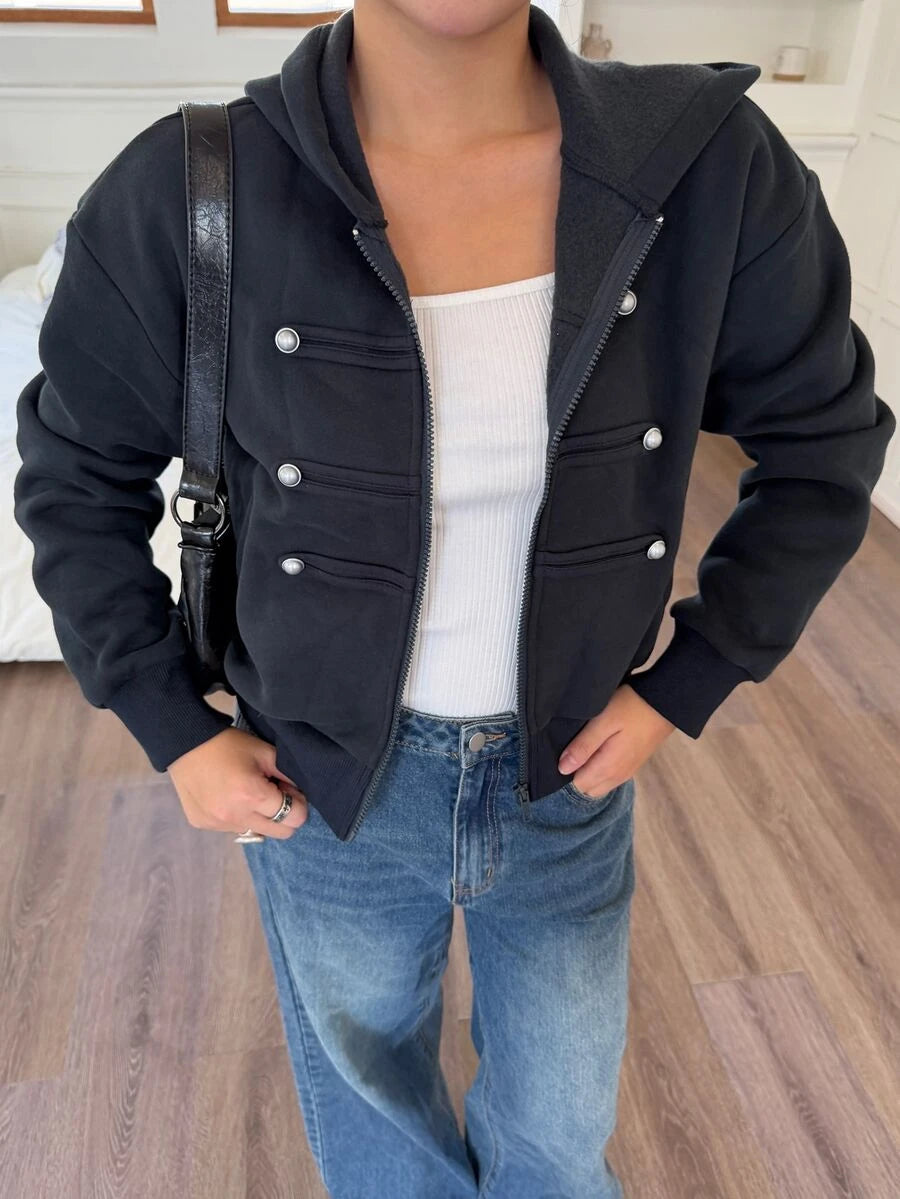Eleanor Thermal Lined Zip Drawstring Hoodie - Dusty Blue