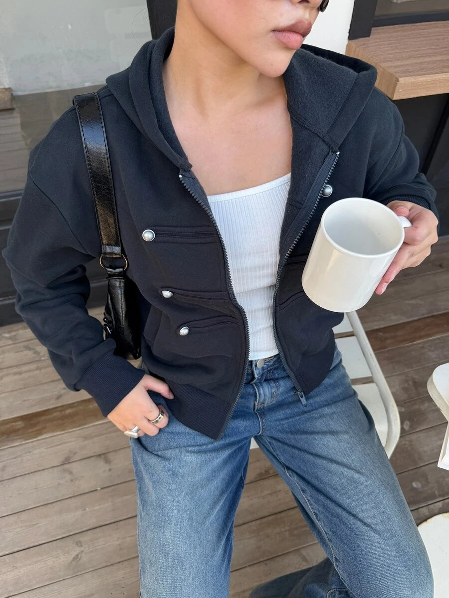 Eleanor Thermal Lined Zip Drawstring Hoodie - Navy Blue