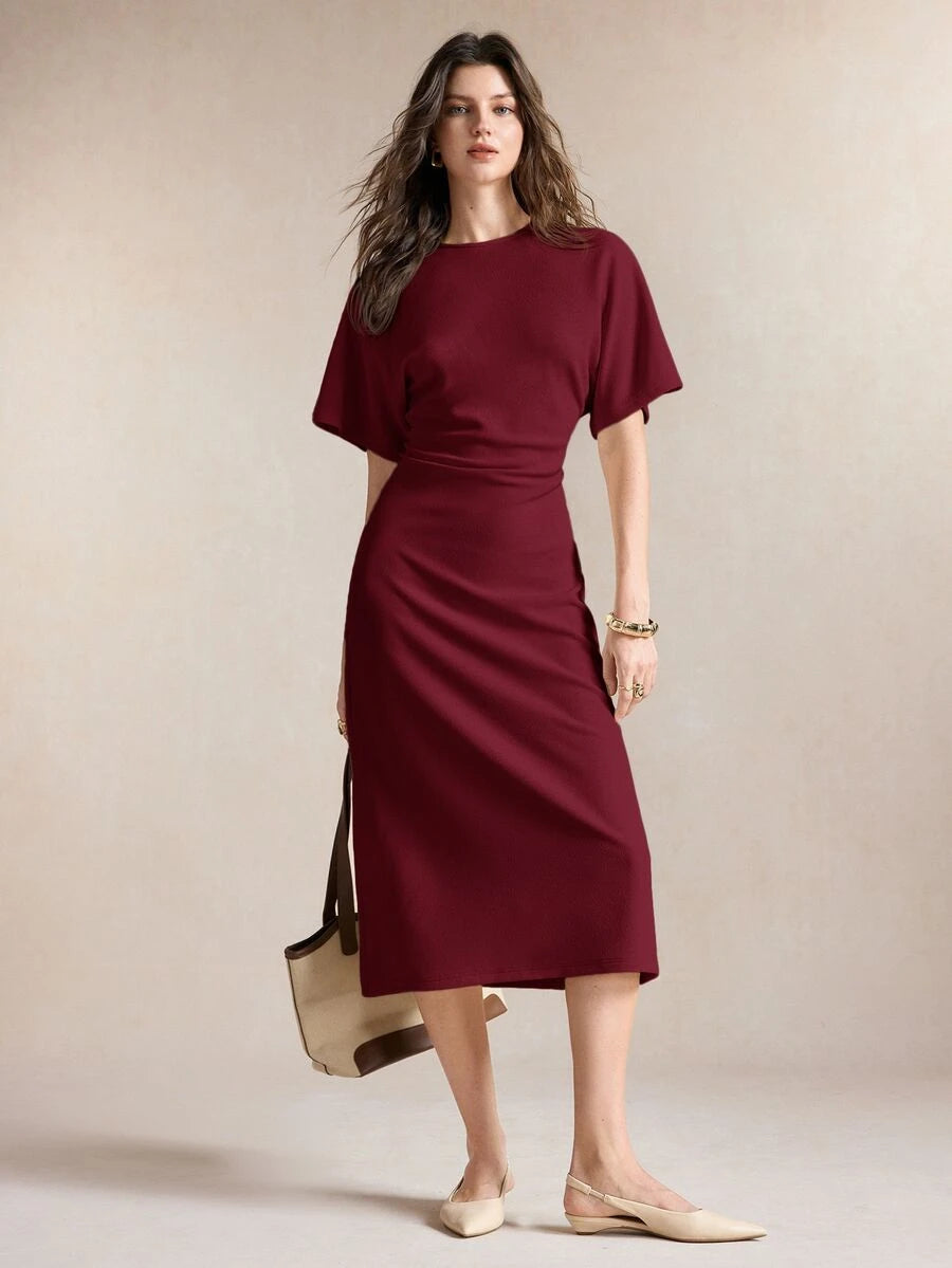 Leona Round Neck Half Sleeve Ruched Waist Midi Dress - Burgundy