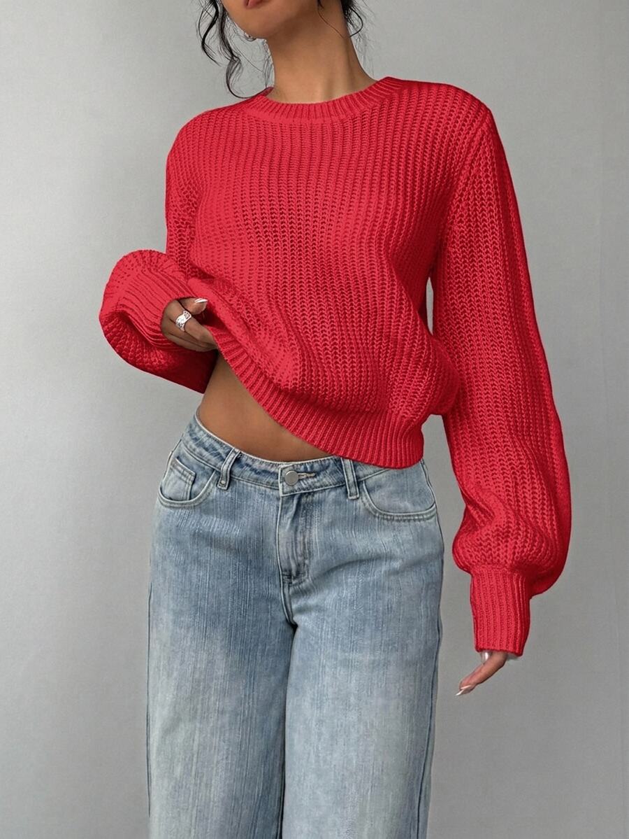 Aurelia Chunky Waffle Knit Crew Neck Relaxed Sweater - Red