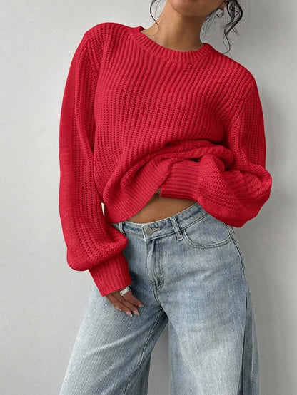 Aurelia Chunky Waffle Knit Crew Neck Relaxed Sweater - Red