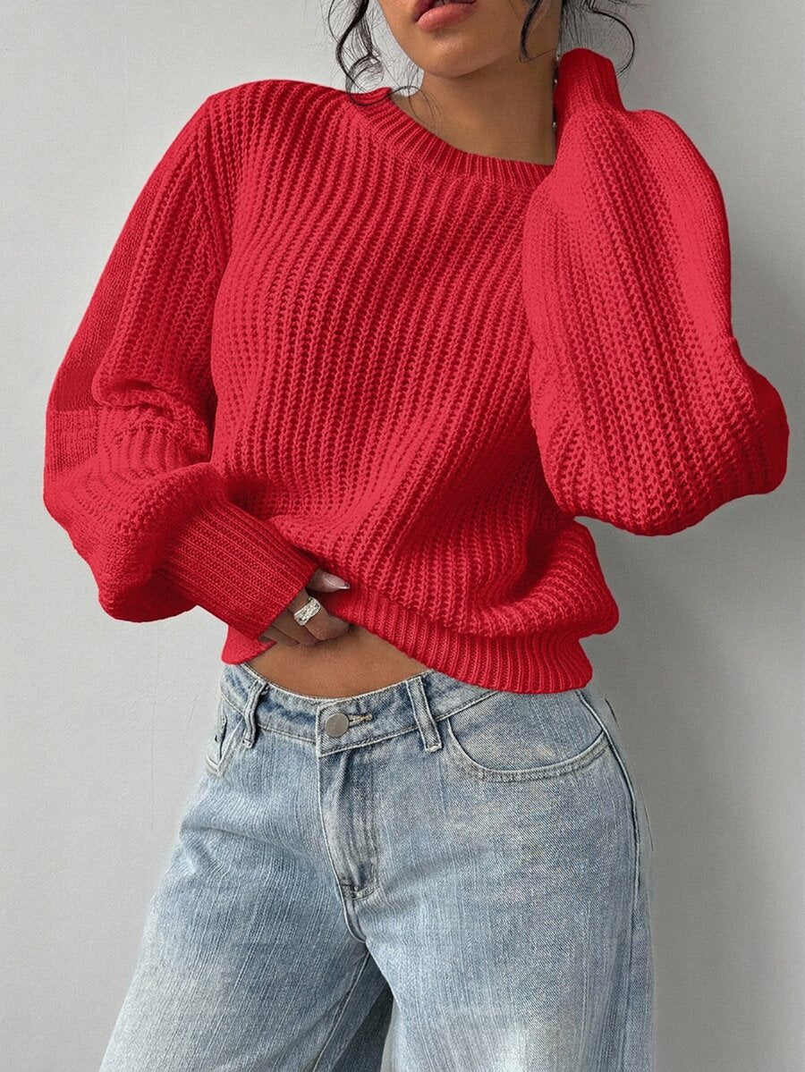Aurelia Chunky Waffle Knit Crew Neck Relaxed Sweater - Red