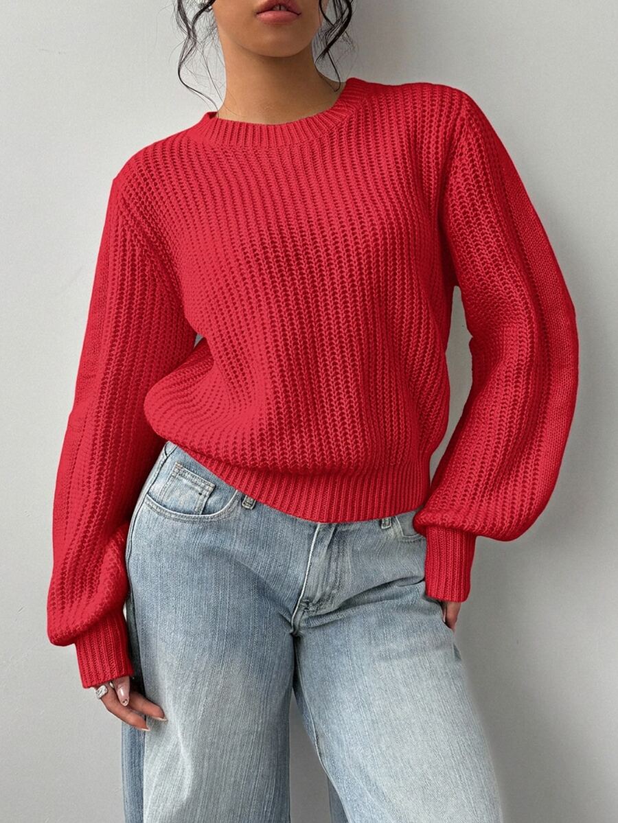 Aurelia Chunky Waffle Knit Crew Neck Relaxed Sweater - Red