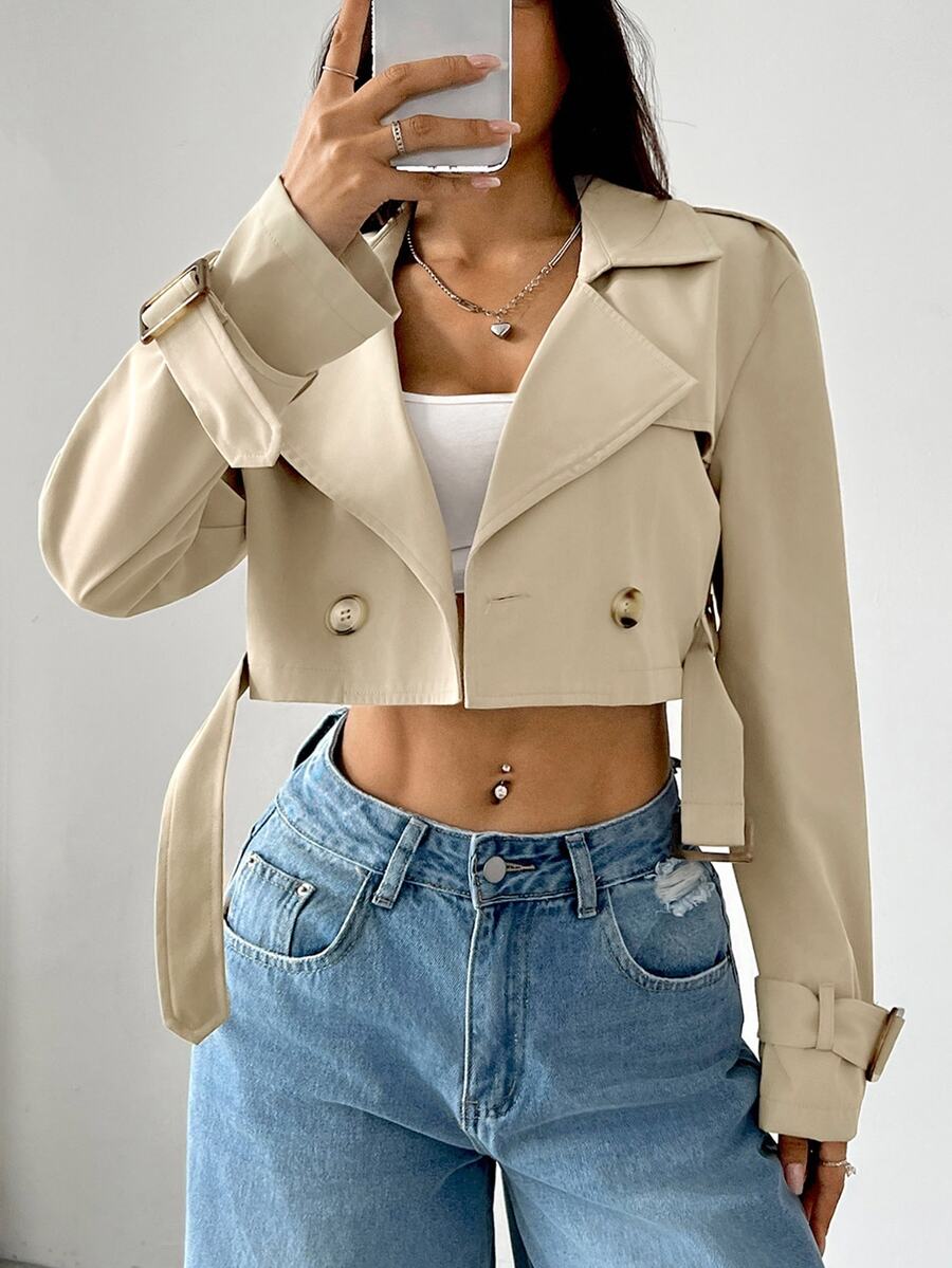 Dublin Cropped Double Breasted Trench Jacket with Belt - Apricot