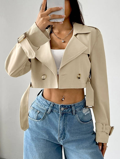 Dublin Cropped Double Breasted Trench Jacket with Belt - Apricot