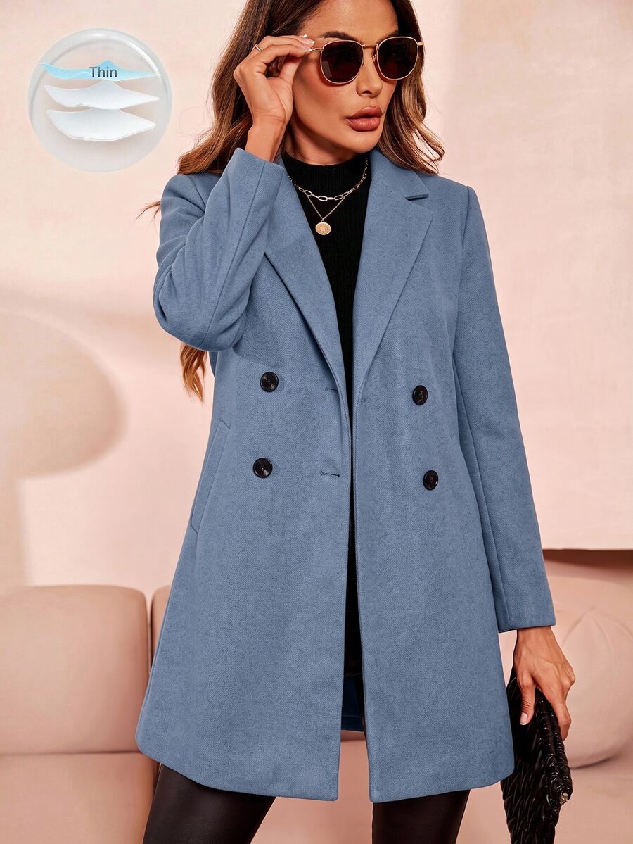 Aveline Double-Breasted Lapel Coat with Tailored Thigh-Length Cut - Dusty Blue