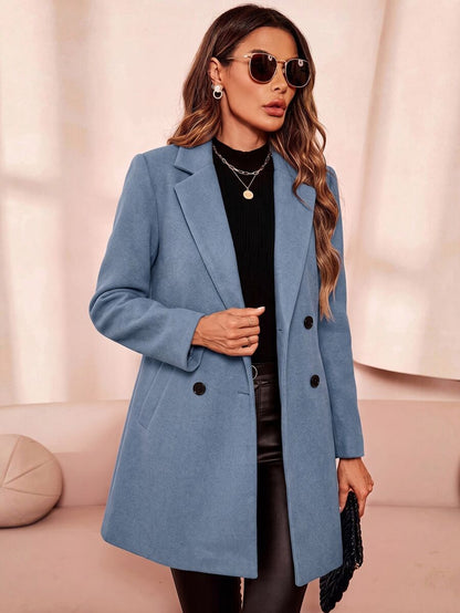 Aveline Double-Breasted Lapel Coat with Tailored Thigh-Length Cut - Coffee Brown