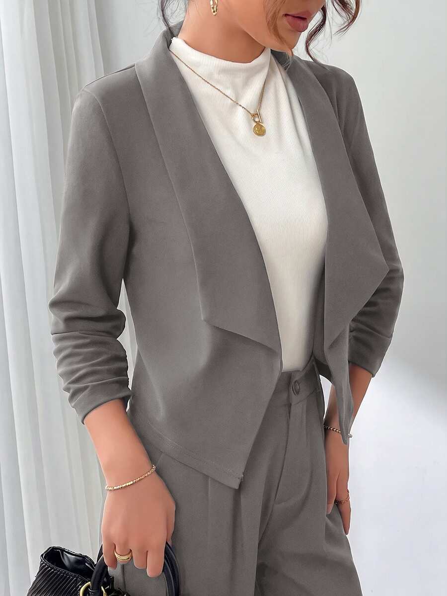 Diana Shawl Collar Ruched Crop Blazer - Navy Blue