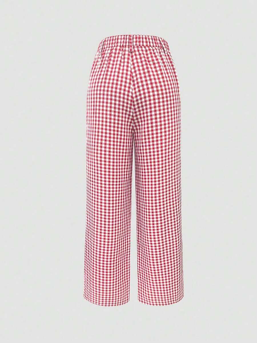 Clarissa Gingham Check Elastic Waist Straight Leg Pants - Red