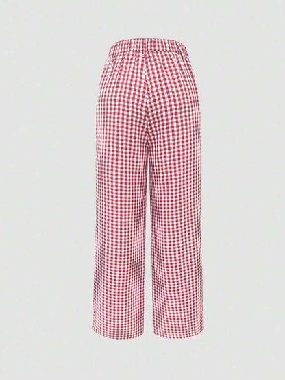 Clarissa Gingham Check Elastic Waist Straight Leg Pants - Red