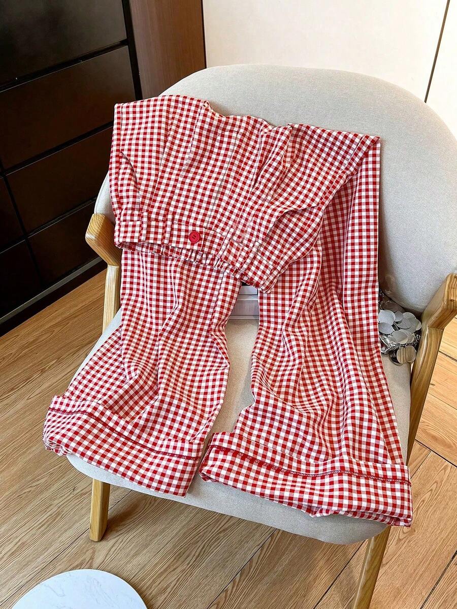 Clarissa Gingham Check Elastic Waist Straight Leg Pants - Red