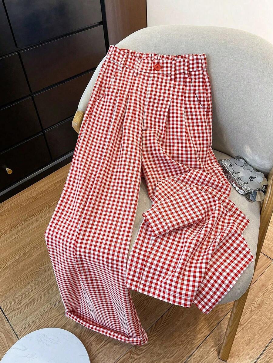 Clarissa Gingham Check Elastic Waist Straight Leg Pants - Red