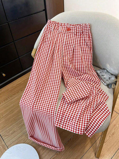 Clarissa Gingham Check Elastic Waist Straight Leg Pants - Red