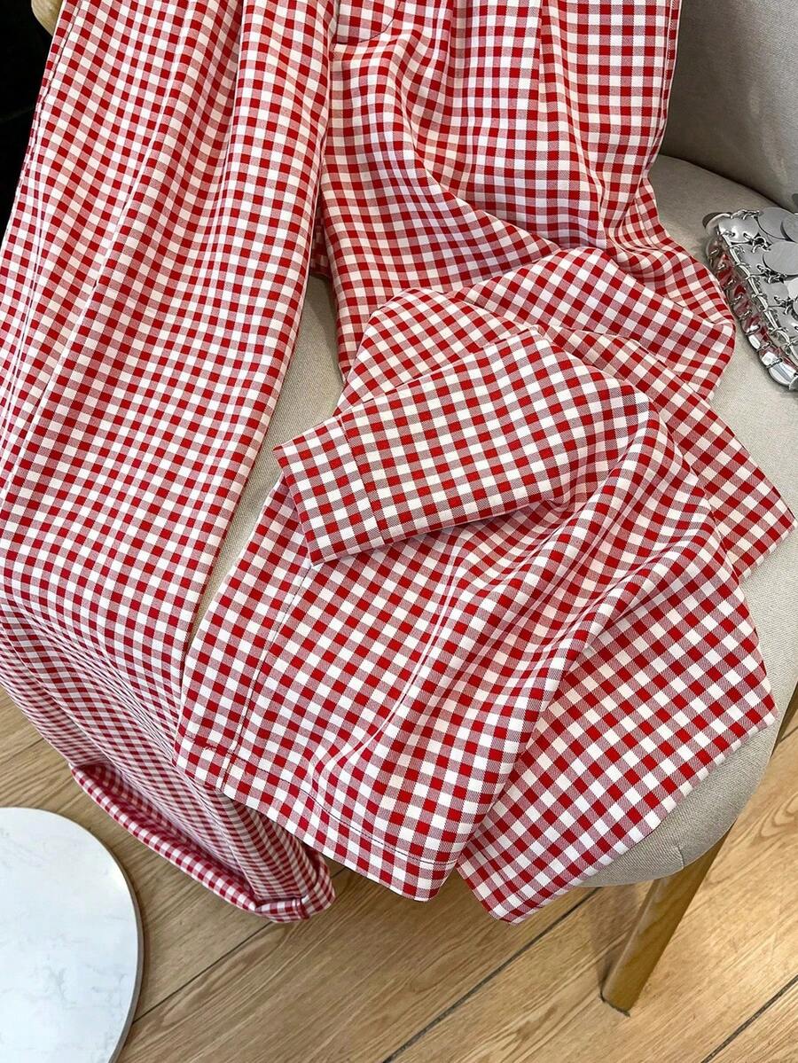 Clarissa Gingham Check Elastic Waist Straight Leg Pants - Red