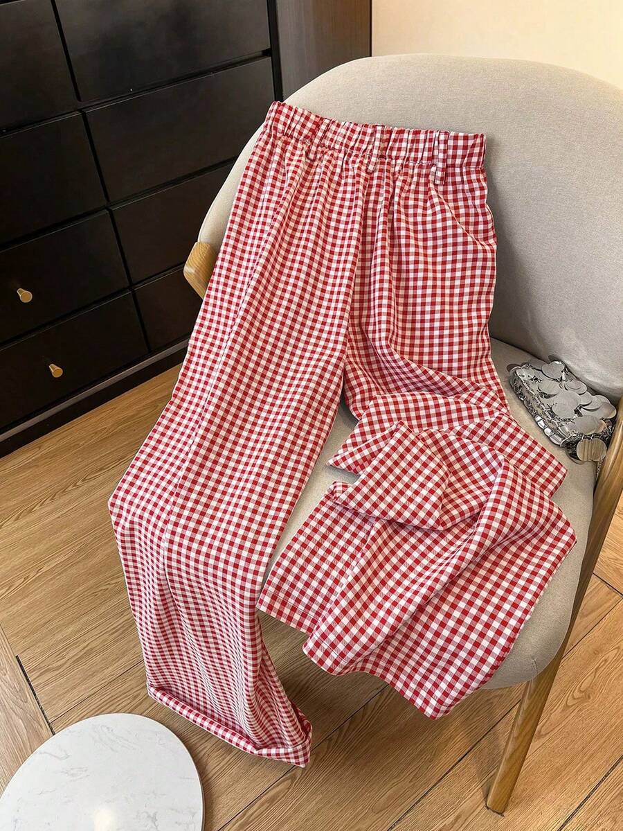 Clarissa Gingham Check Elastic Waist Straight Leg Pants - Red