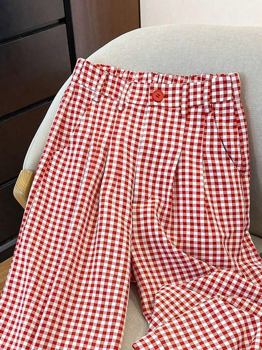 Clarissa Gingham Check Elastic Waist Straight Leg Pants - Red