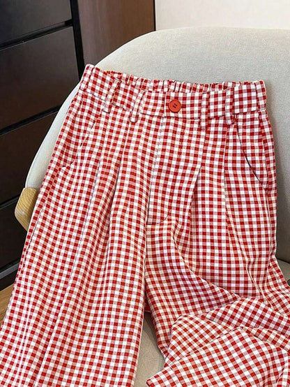 Clarissa Gingham Check Elastic Waist Straight Leg Pants - Red