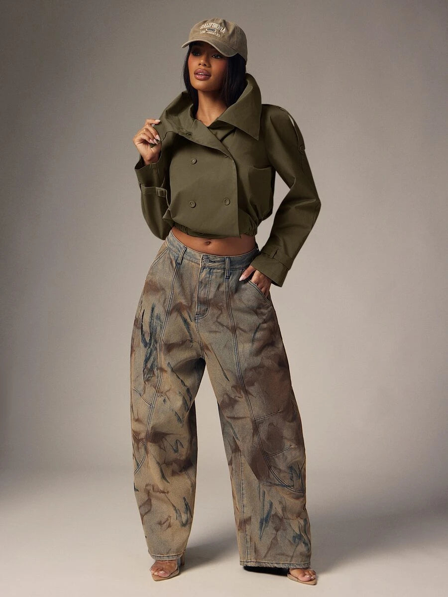 Marguerite High Collar Double-Breasted Cropped Trench Jacket - Olive Green
