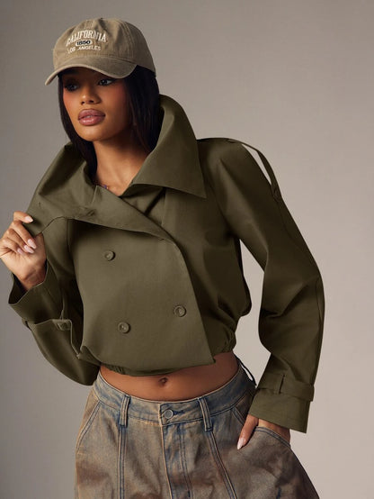 Marguerite High Collar Double-Breasted Cropped Trench Jacket - Olive Green