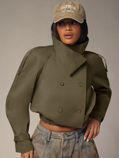Marguerite High Collar Double-Breasted Cropped Trench Jacket - Olive Green