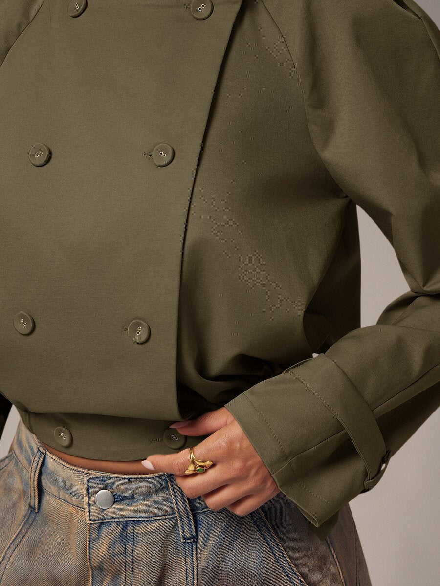 Marguerite High Collar Double-Breasted Cropped Trench Jacket - Olive Green
