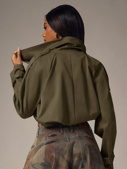 Marguerite High Collar Double-Breasted Cropped Trench Jacket - Olive Green