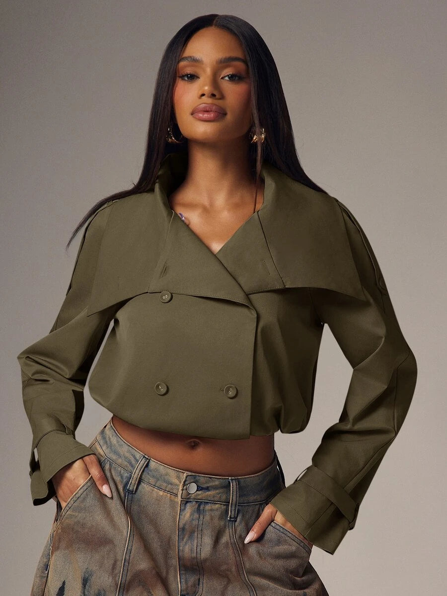 Marguerite High Collar Double-Breasted Cropped Trench Jacket - Olive Green