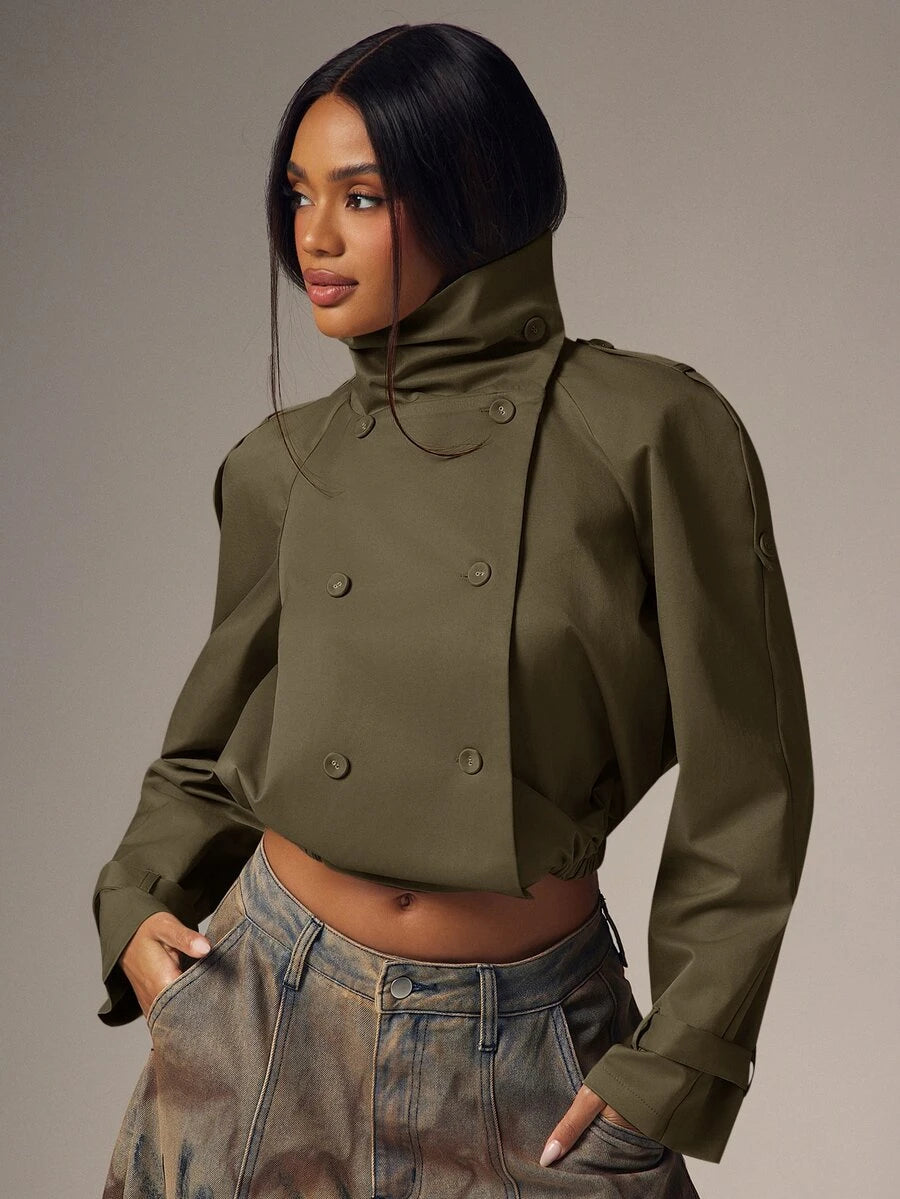Marguerite High Collar Double-Breasted Cropped Trench Jacket - Olive Green