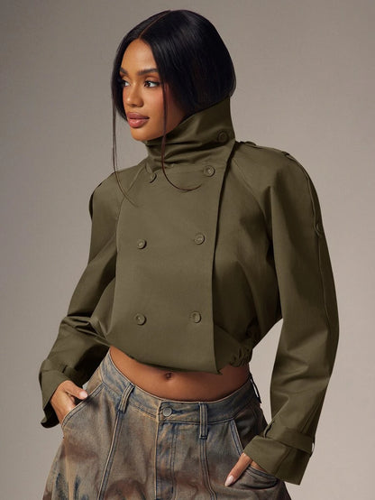Marguerite High Collar Double-Breasted Cropped Trench Jacket - Olive Green