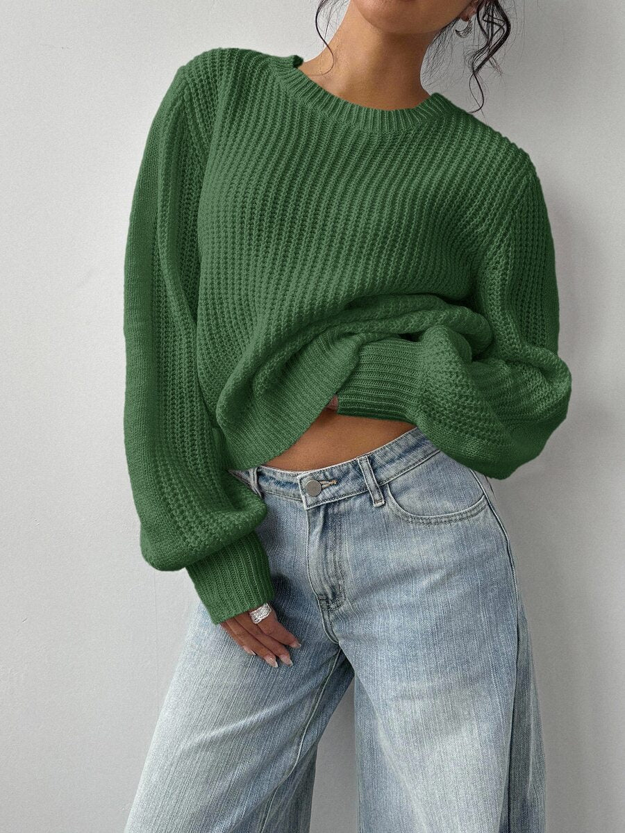 Aurelia Chunky Waffle Knit Crew Neck Relaxed Sweater - Green