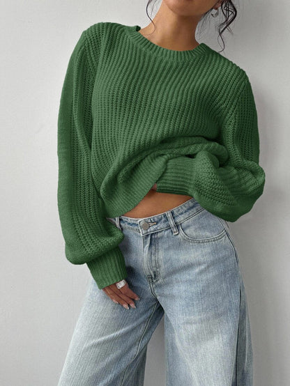 Aurelia Chunky Waffle Knit Crew Neck Relaxed Sweater - Green