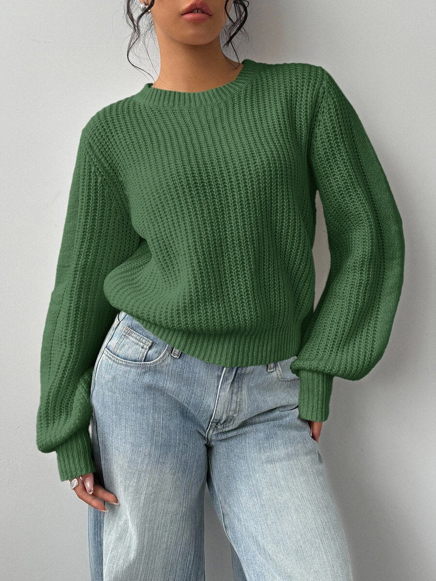 Aurelia Chunky Waffle Knit Crew Neck Relaxed Sweater - Green