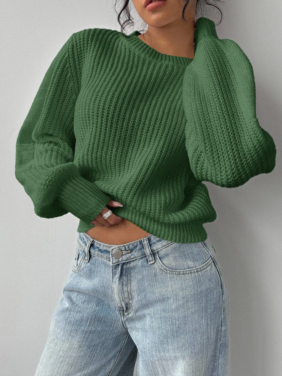 Aurelia Chunky Waffle Knit Crew Neck Relaxed Sweater - Green