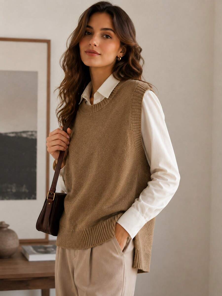 Women's Side Slit Knit Sweater Vest, Sleeveless Layering Top for Fall Work Casual - Apricot