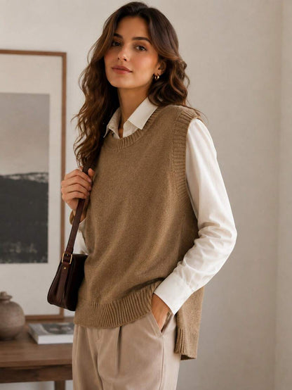 Women's Side Slit Knit Sweater Vest, Sleeveless Layering Top for Fall Work Casual - Apricot