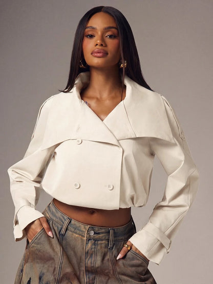 Marguerite High Collar Double-Breasted Cropped Trench Jacket - Beige